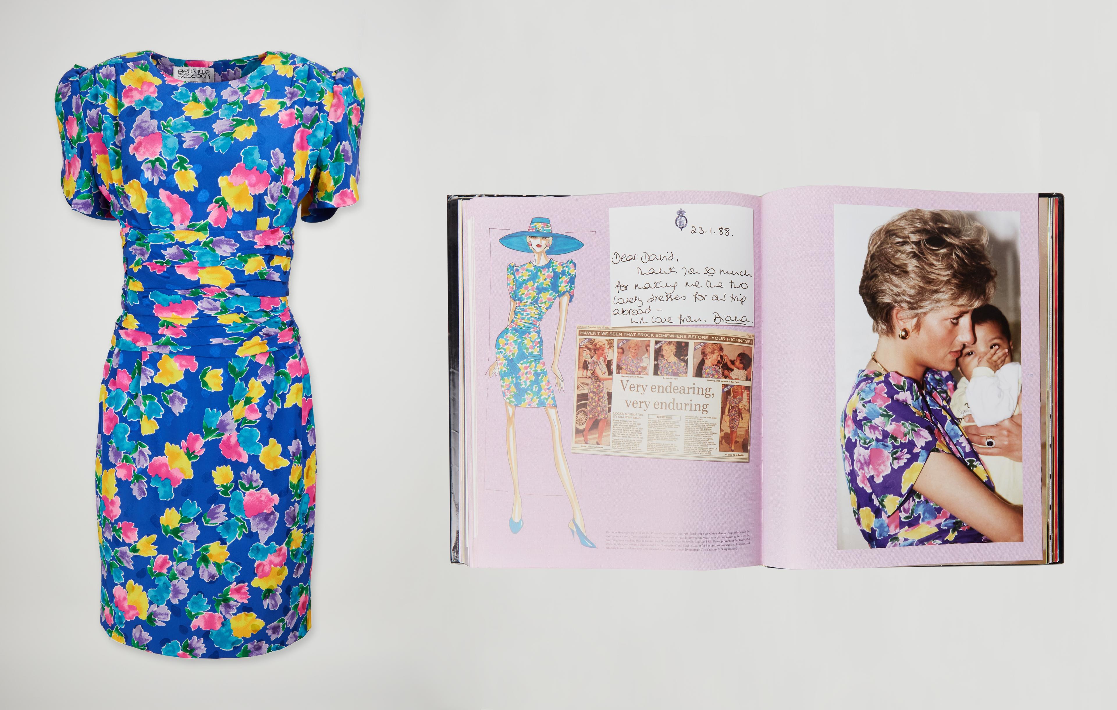 a blue flower dress and photo of princess diana wearing it
