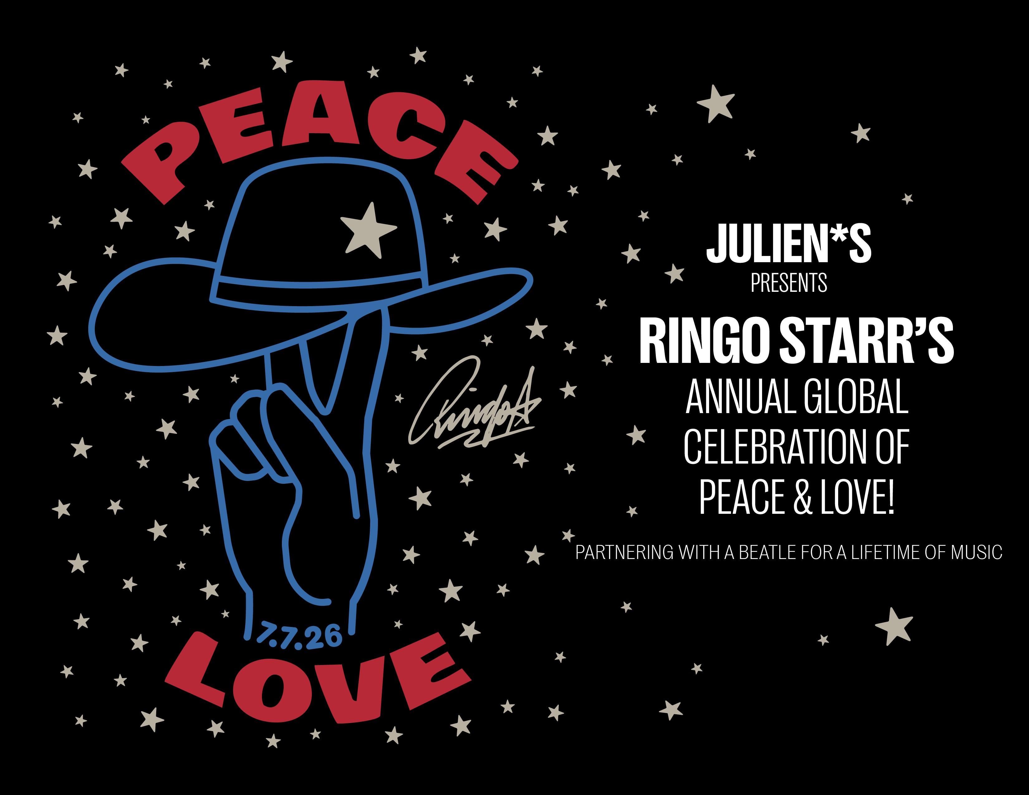 Poster for Ringo Starr's Annual Global Celebration of Peace & Love, featuring a blue hand making a peace sign, wearing a star-adorned cowboy hat, with "PEACE" and "LOVE" text, the date 7.7.26, and a starry black background.