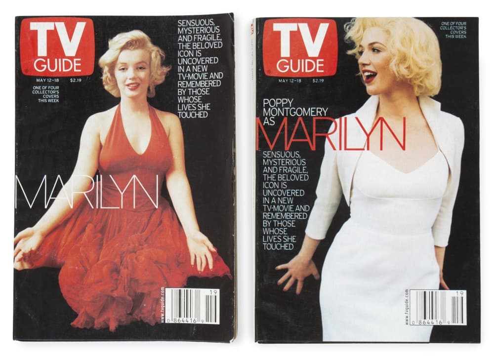 two copies of the tv guide magazine with marilyn monroe on the cover .
