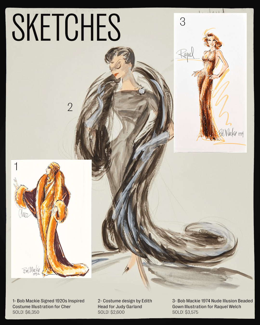 three sketches of a woman are displayed on a poster titled sketches