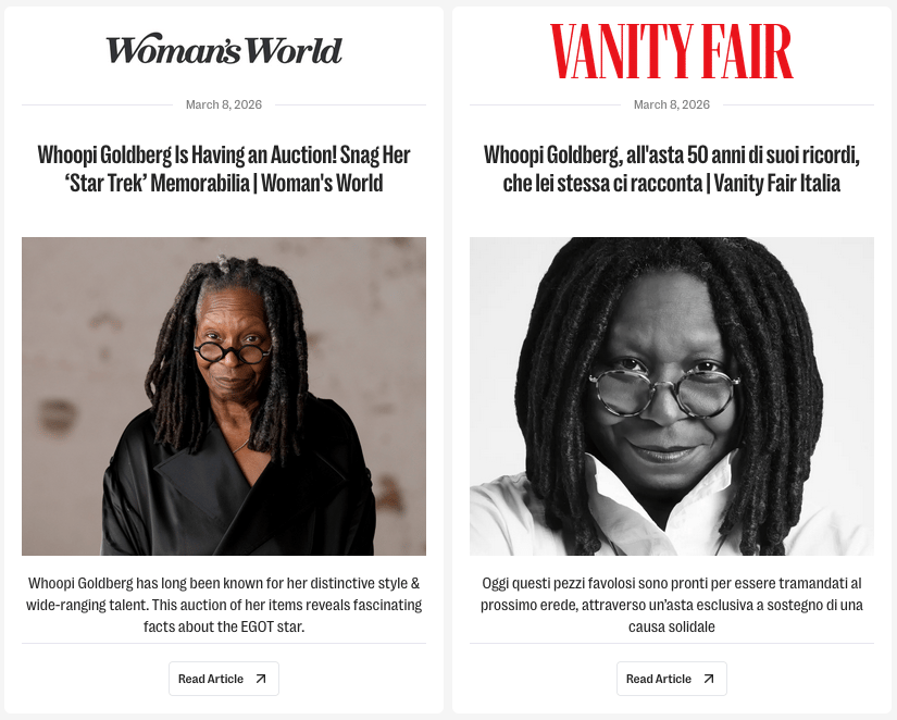 whoopi goldberg on the cover of women's world and vanity fair italy for auction announcement
