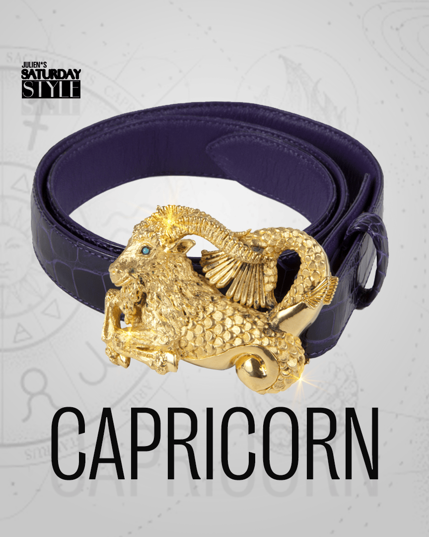 a purple belt with a gold goat buckle is labeled capricorn