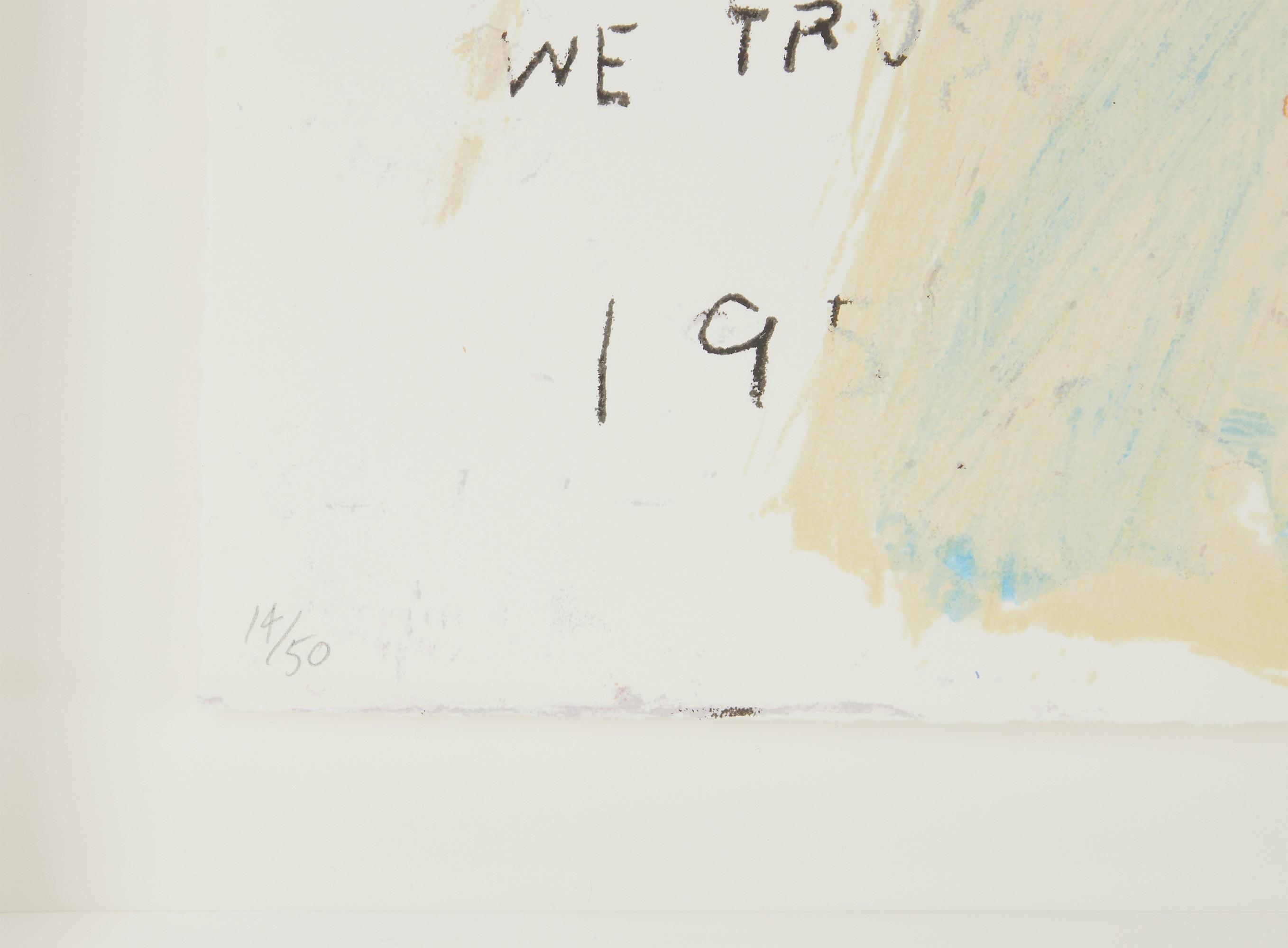 a close up of a painting with the words `` we trust '' written on it .