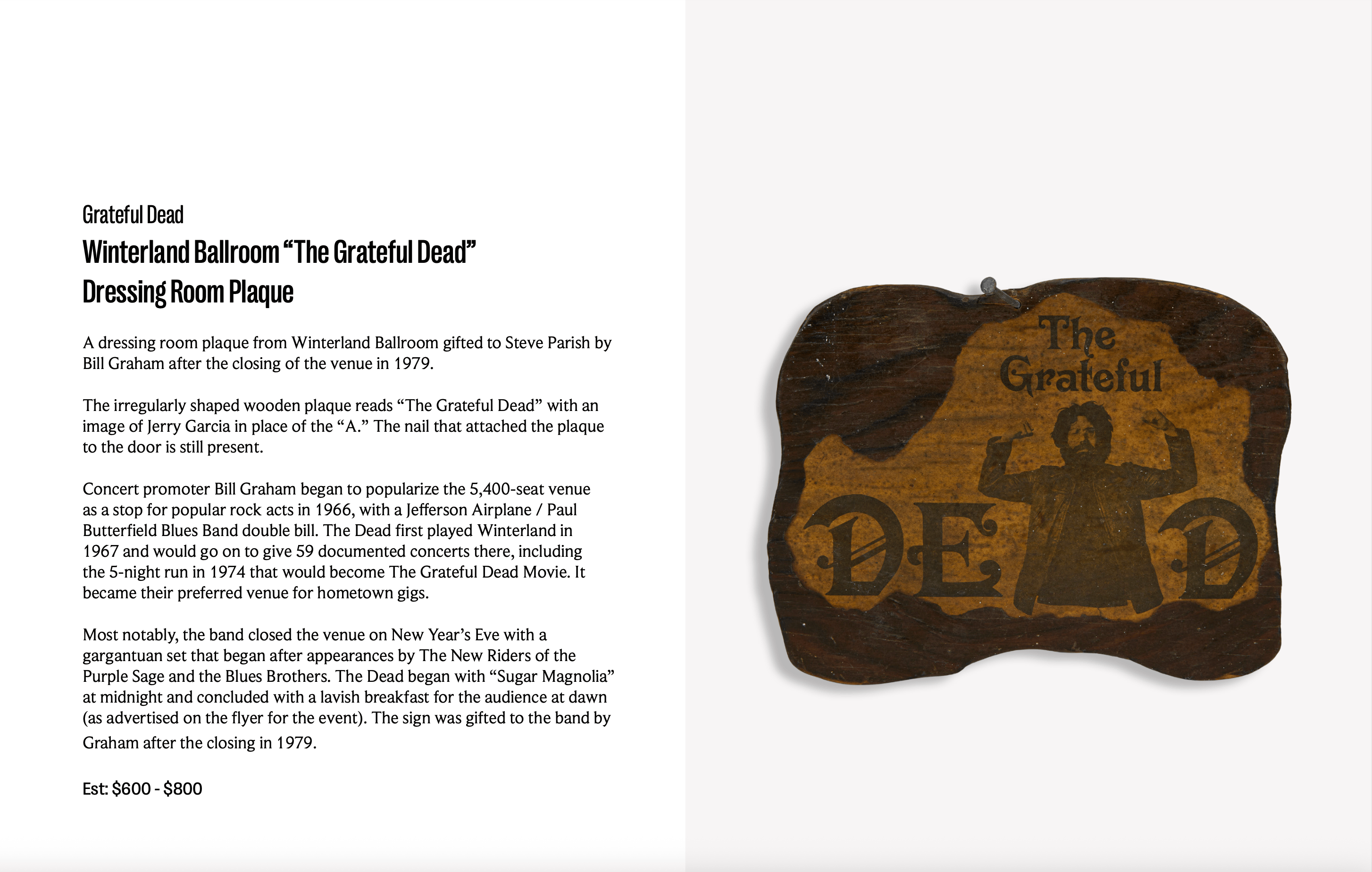 Grateful Dead Winterland Ballroom “The Grateful Dead” Dressing Room Plaque