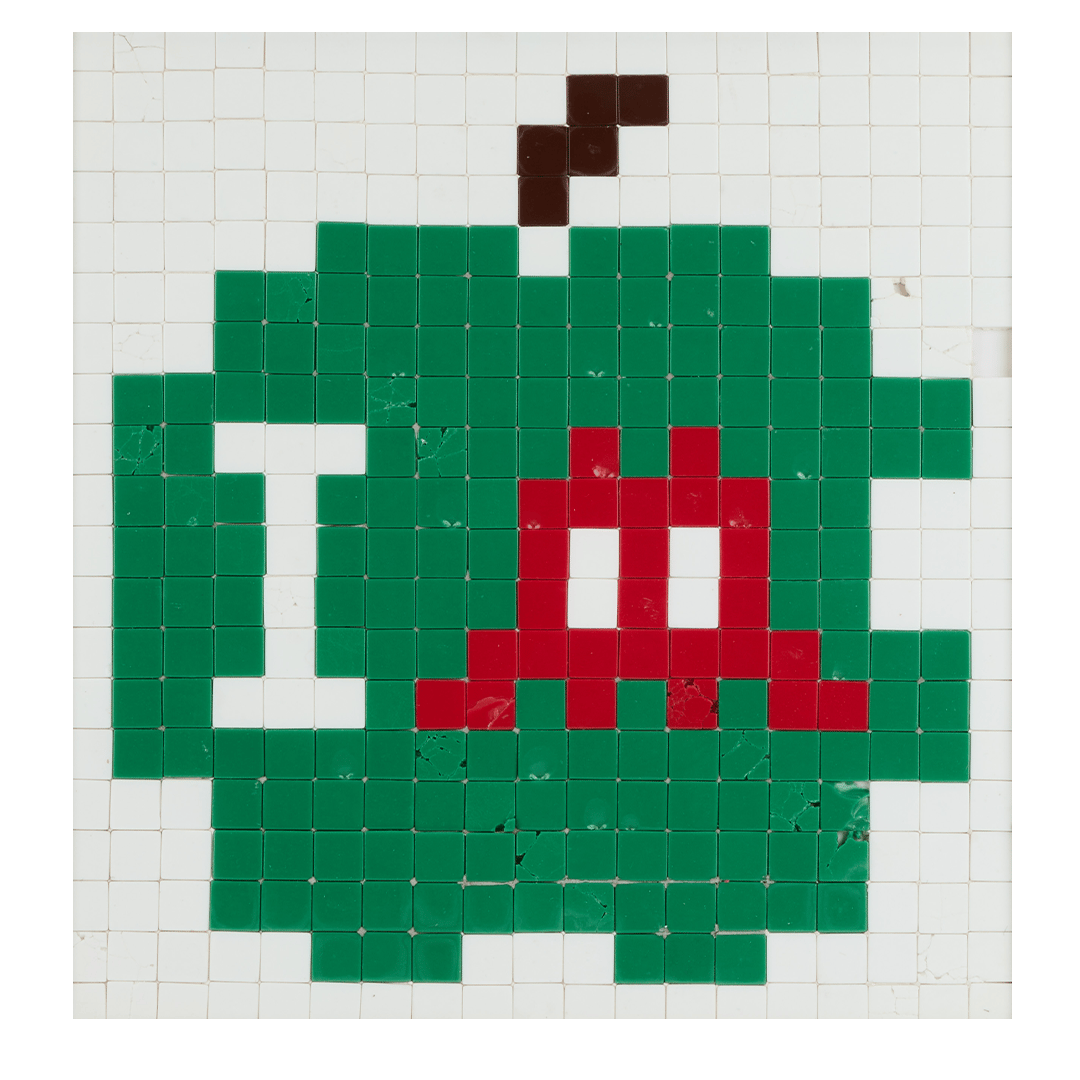 a pixel art of an apple with the letter i on it