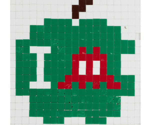 a pixel art of an apple with the letter i on it