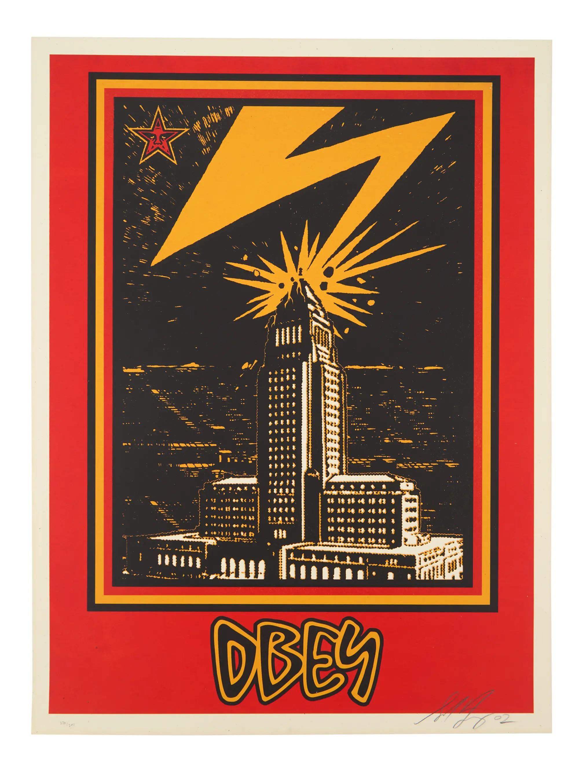 Lot #10. Shepard Fairey | Signed Limited-Edition "Bad Brains" Screenprint A red, black, and yellow Obey poster depicting a lightning bolt striking a city hall, with a red star.