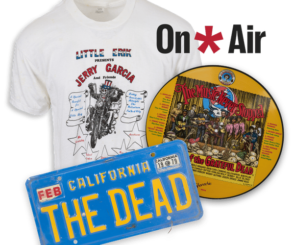 Image of "Jerry Garcia" t-shirt, "The Dead" CA license plate