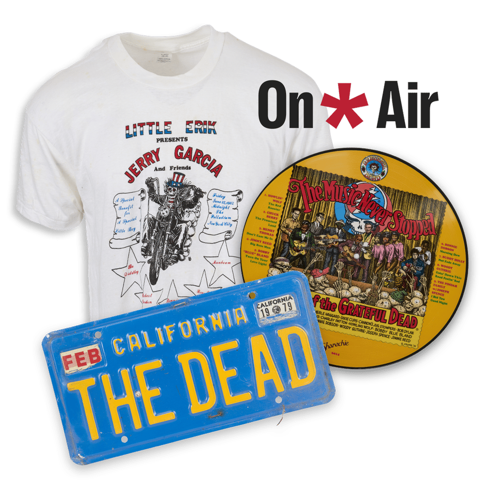 Image of "Jerry Garcia" t-shirt, "The Dead" CA license plate