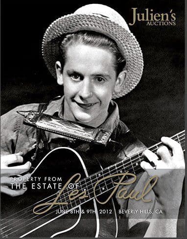 A black and white photo of Les Paul for Julien's Auctions