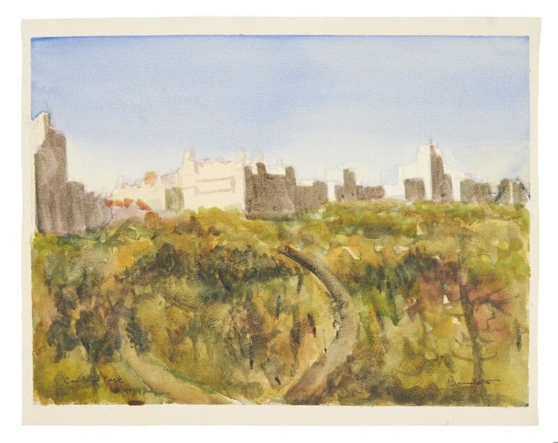 a watercolor painting of a landscape with a city in the background .