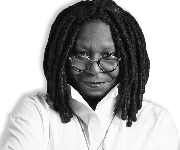 Black and white portrait of Whoopi Goldberg smiling, wearing glasses and a white shirt.