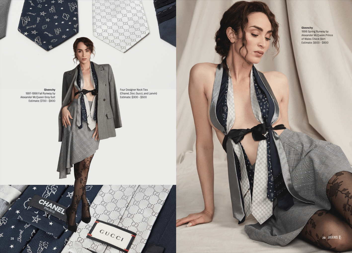 Cory Ann Roberts for Julien's Magazine a model is wearing a blue chanel tie and silver gucci tie with a grey skirt