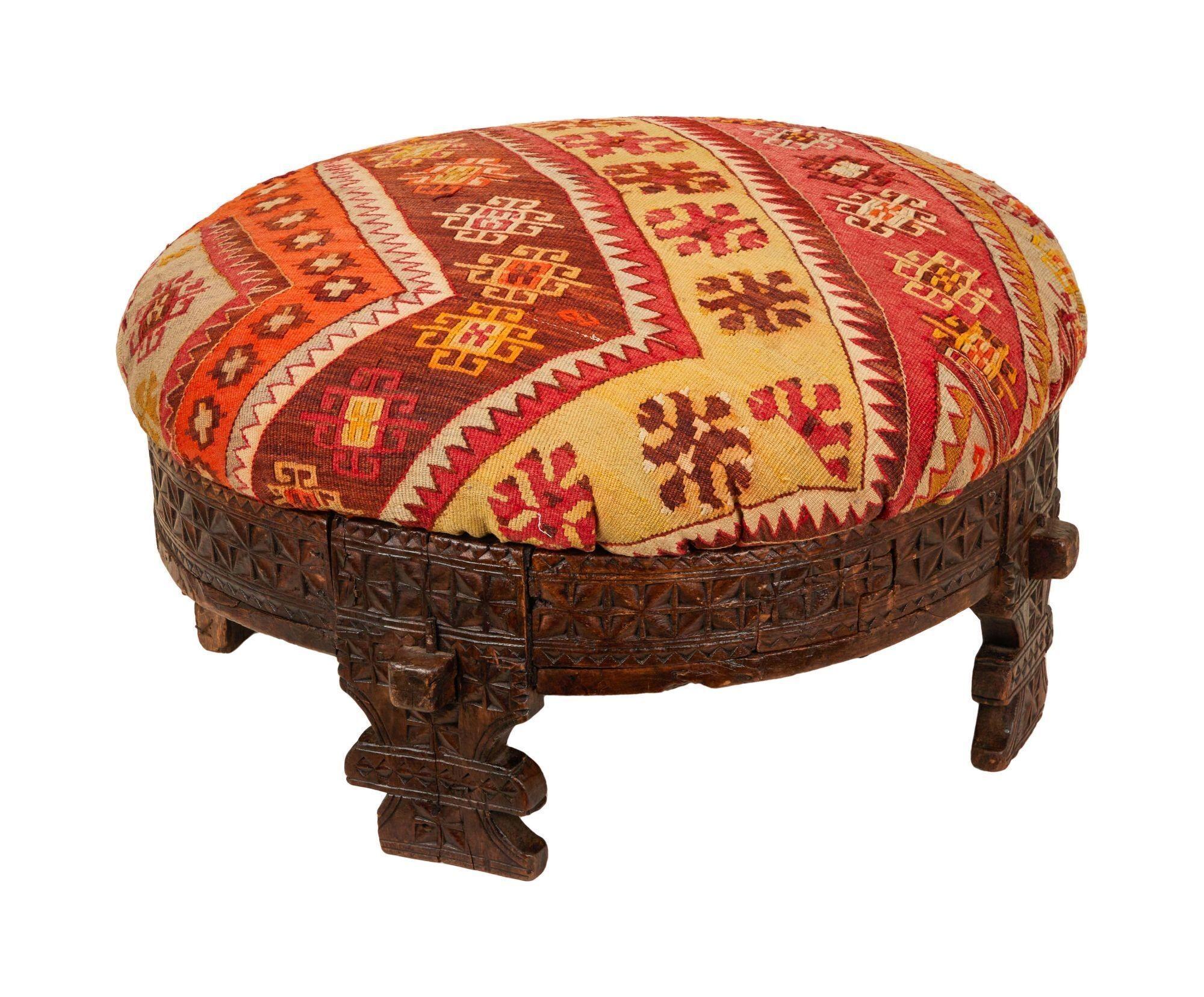 a round ottoman with a colorful pattern on it is on a white background .