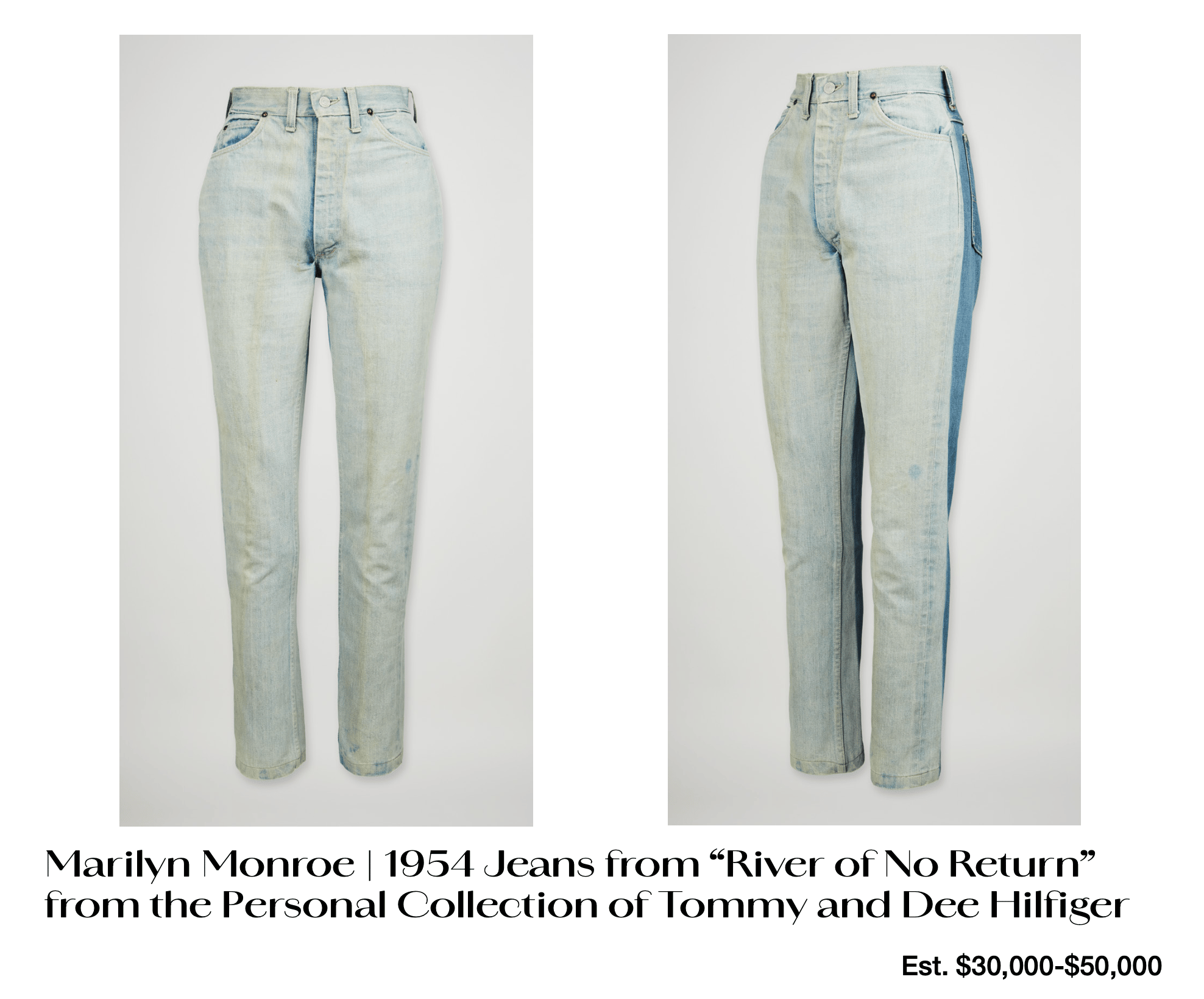 two pictures of marilyn monroe 's 1954 jeans from river of no return