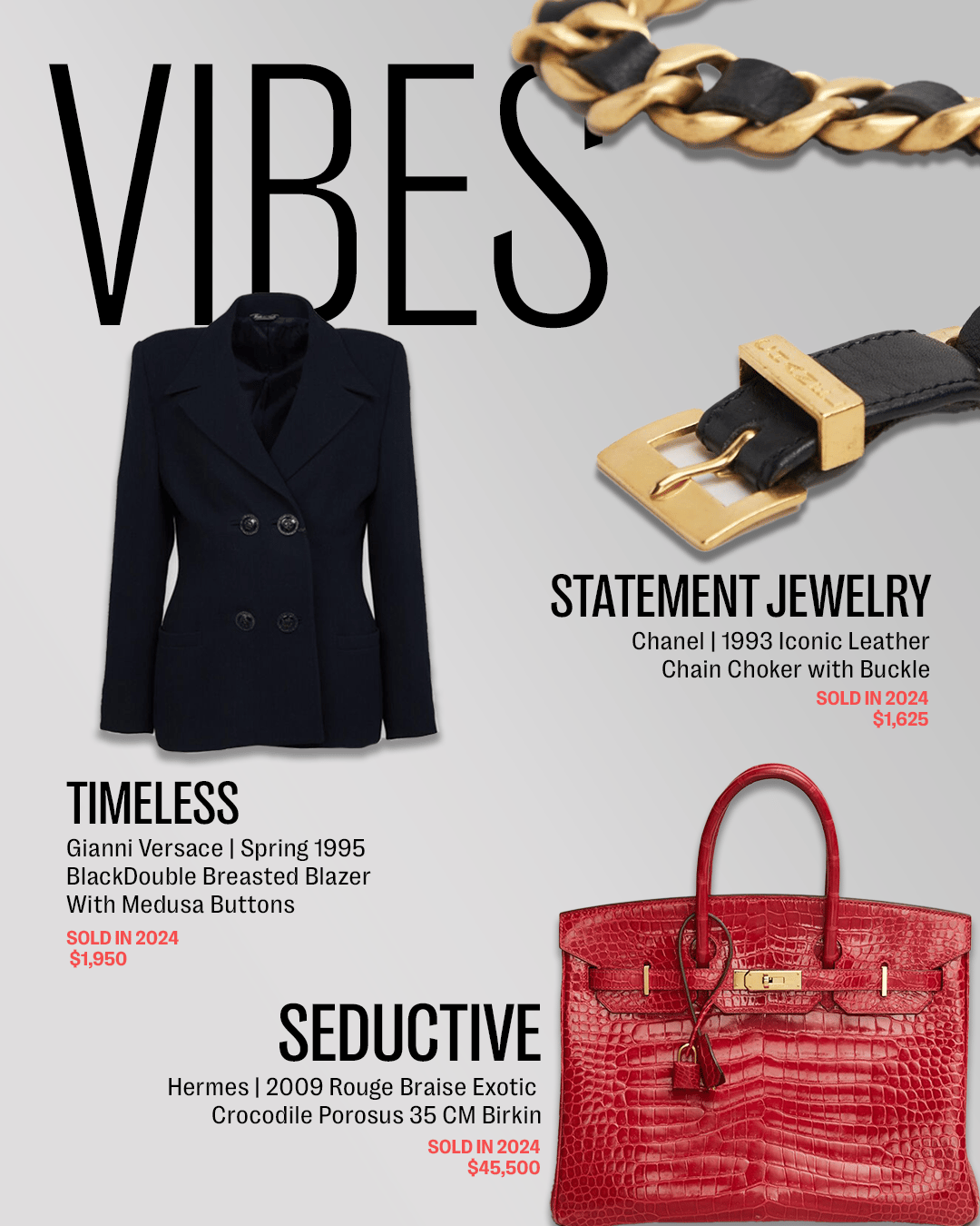 an advertisement for vibes shows a black jacket and a red bag