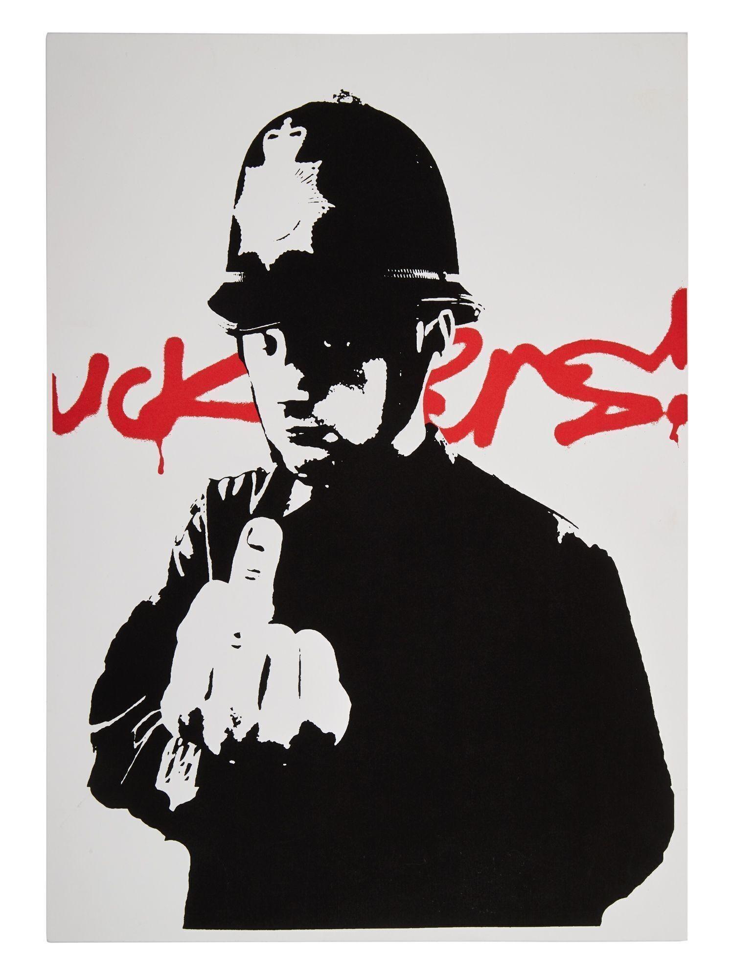 An original proof print of Banksy's "Rude Copper," with alternate "Fuckers" background graffiti.