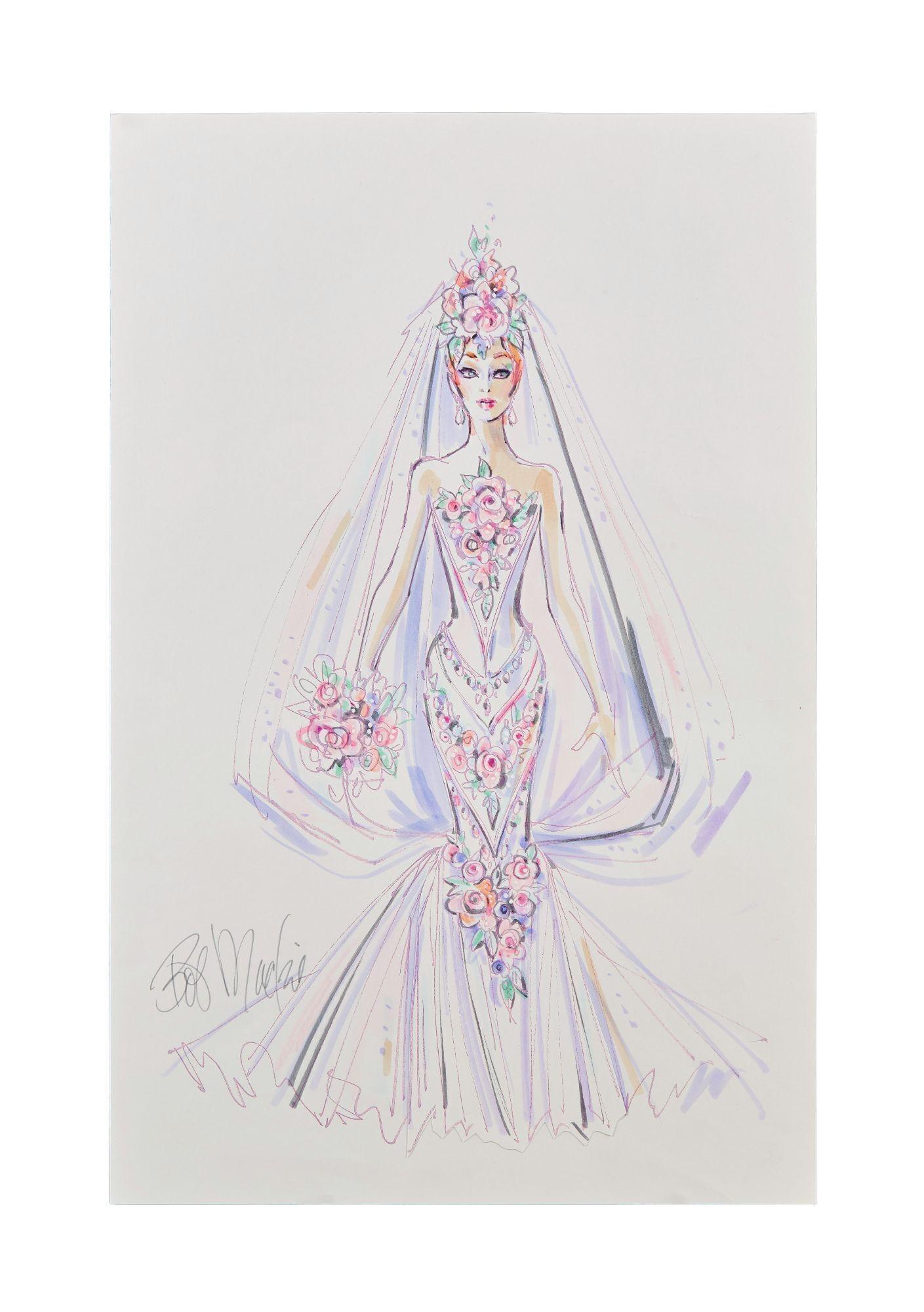 Lot #6. Bob Mackie | Barbie 2006 Couture Confection Bride Illustration a drawing of a woman in a wedding dress