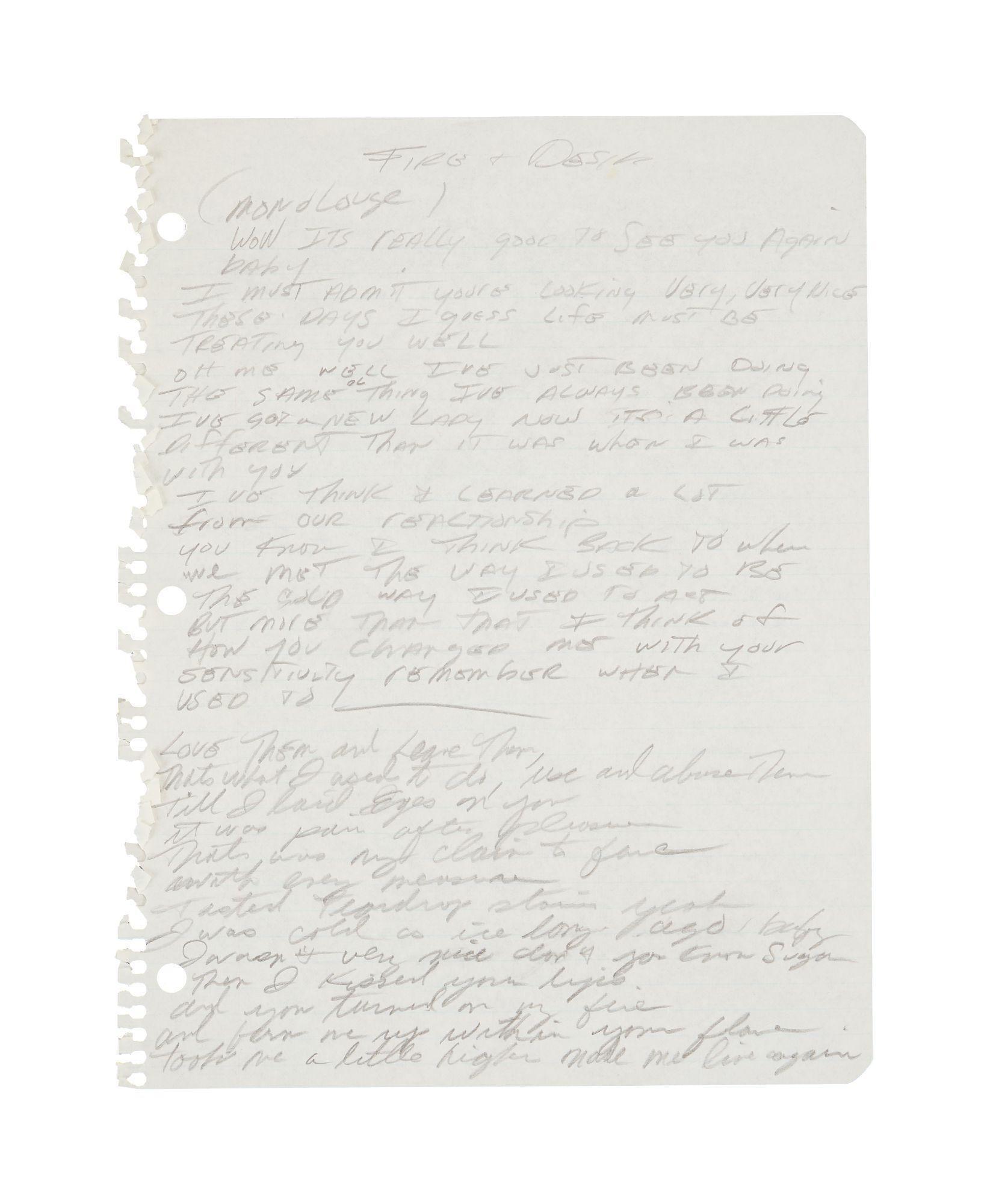 Rick James | Handwritten Working Lyrics for "Fire and Desire" Rick James Handwritten Working Lyrics for "Fire and Desire"