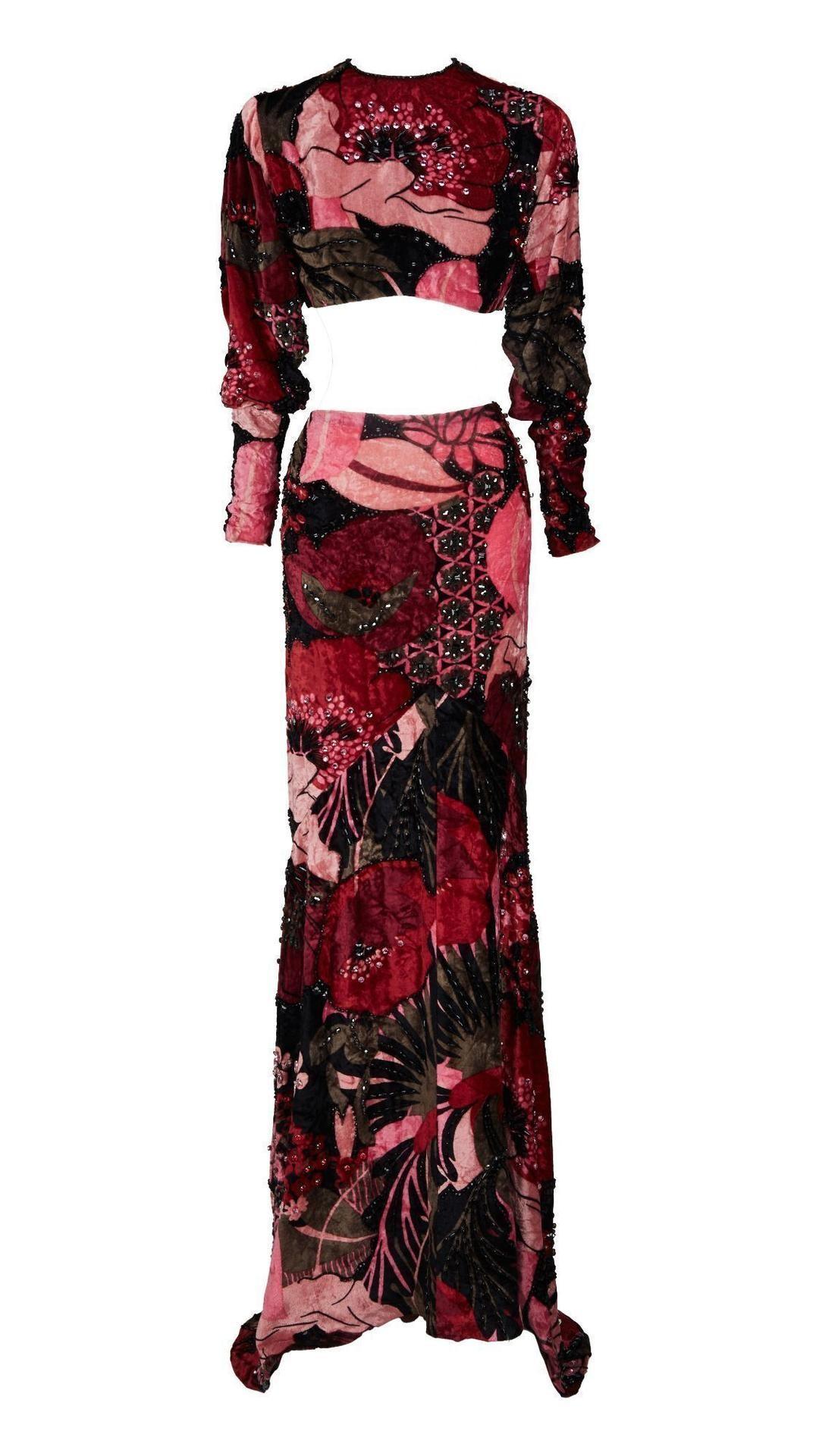 Cher | 1972 “The Sonny And Cher Comedy Hour” Two Piece Velvet Ensemble a red and black dress with a crop top and a long skirt