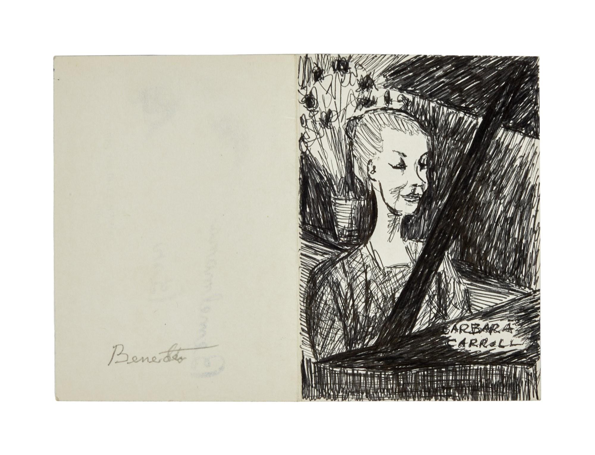 a black and white drawing of a woman playing a piano .