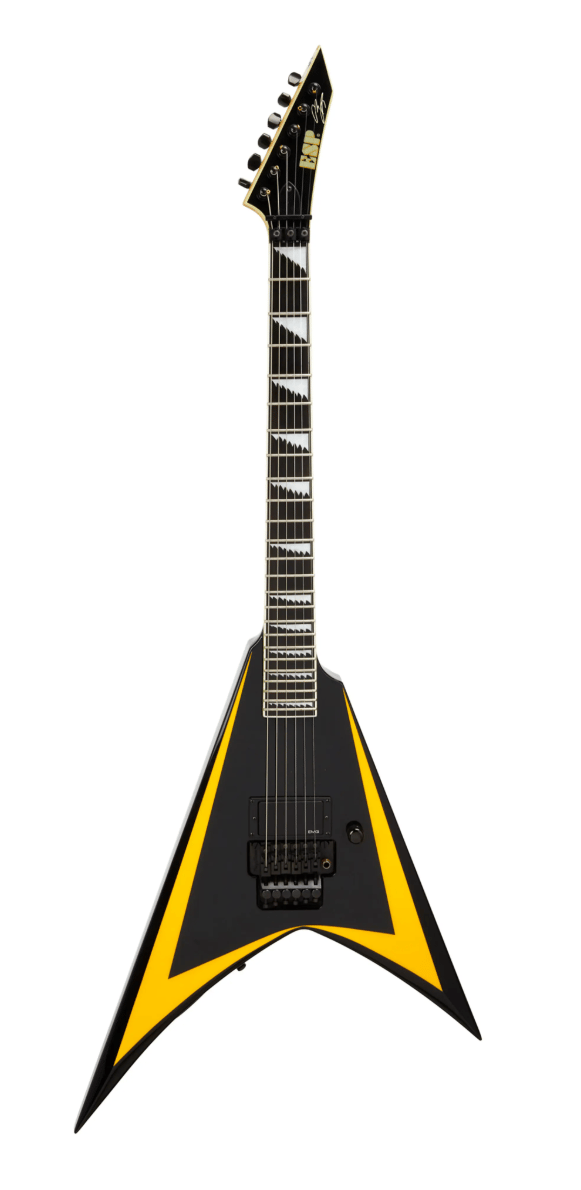 Lot #698. Kirk Hammett | ESP Alexi Laiho Signature V Electric Guitar, Black with Yellow Pinstripes Lot #698 Kirk Hammett ESP Alexi Laiho Signature V Electric Guitar, Black with Yellow Pinstripes
