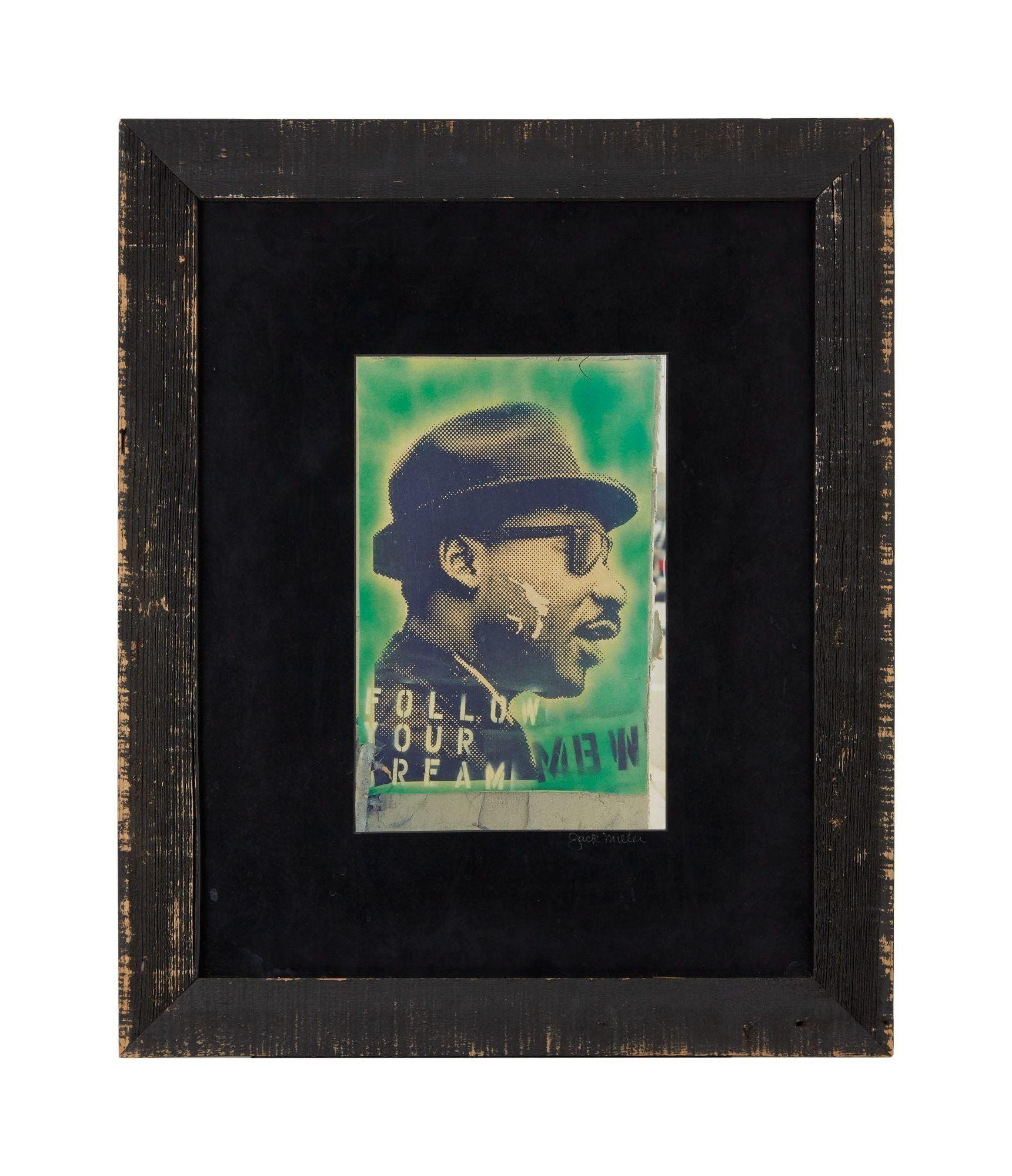 Lot #329. Harry Belafonte | Jack Miller Framed Dr. Martin Luther King, Jr. Artwork a framed picture of a man wearing a hat and sunglasses .