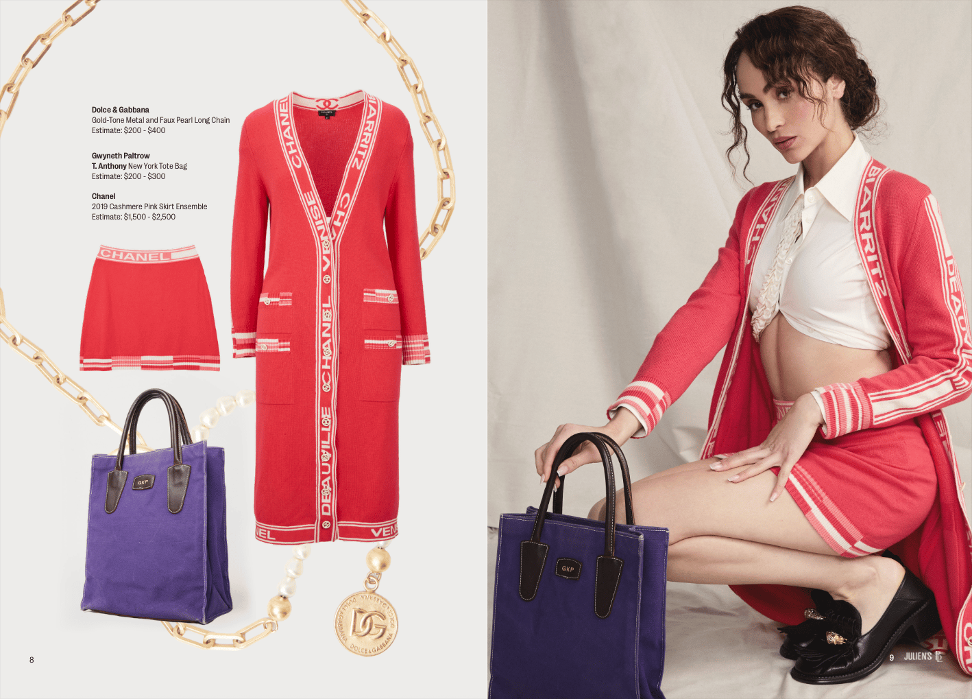 a model is wearing a pink chanel jacket and skirt ensemble with a purple handbag