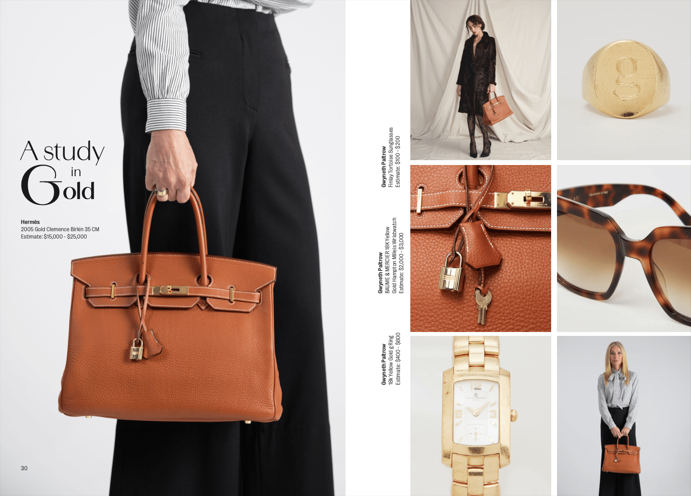 a magazine page of gwyneth paltrow carrying an hermes birkin bag and another page showcasing a gold watch and sunglasses