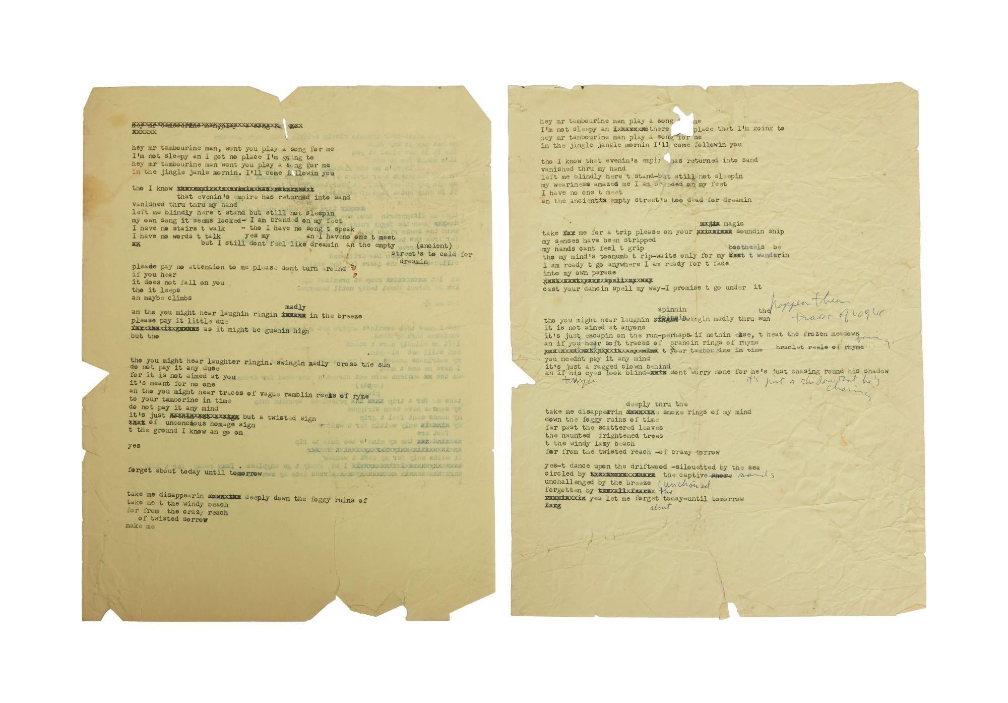 Bob Dylan | Three Progressive Drafts of "Mr. Tambourine Man" Working Lyrics - One Annotated two pieces of paper with a lot of writing on them