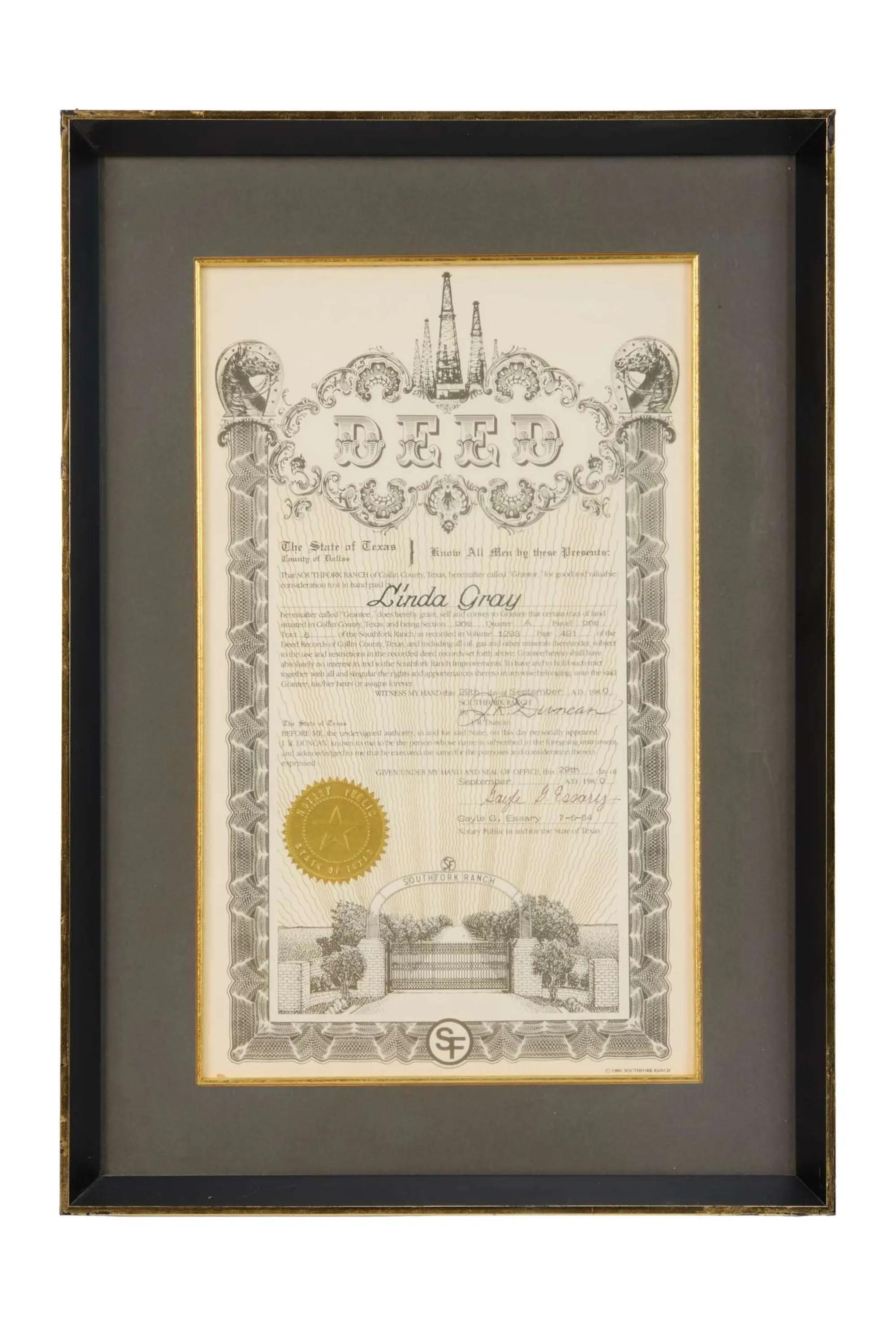 Lot #82. Linda Gray | 1980 “Dallas” Deed to Southfork Lot #82 Linda Gray 1980 “Dallas” Deed to Southfork
