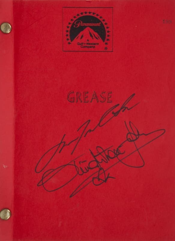 Olivia Newton-John/John Travolta Signed Annotated Grease Script and Photographs a red covered script for the film grease signed by olivia newton-john and john travolta