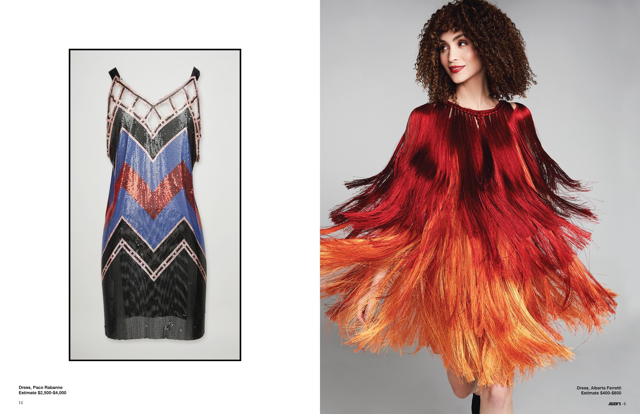 a woman is wearing a red and orange fringed dress .