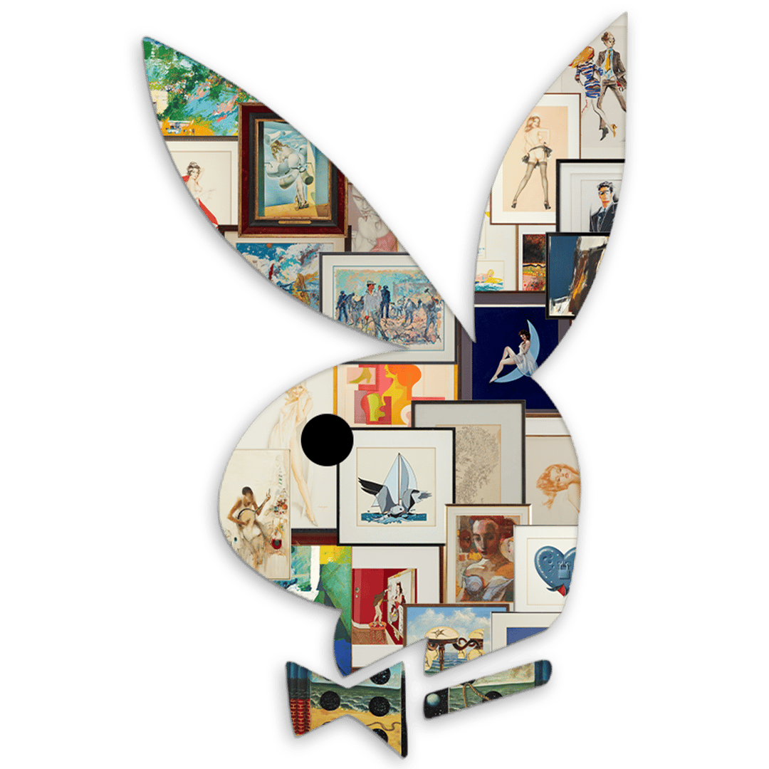 a playboy bunny surrounded by framed pictures on a black background