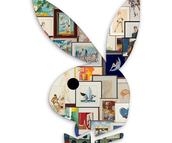 a playboy bunny surrounded by framed pictures on a black background