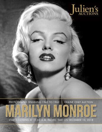 A black and white photo of Marilyn Monroe for Julien's Auctions 