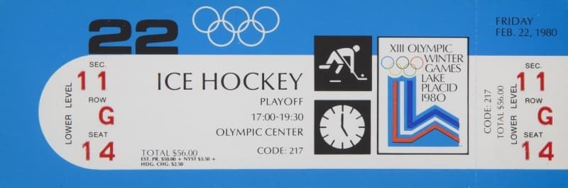 A blue and white ticket for the Ice Hockey Playoff at the 1980 Lake Placid Winter Olympics, dated February 22, 1980.