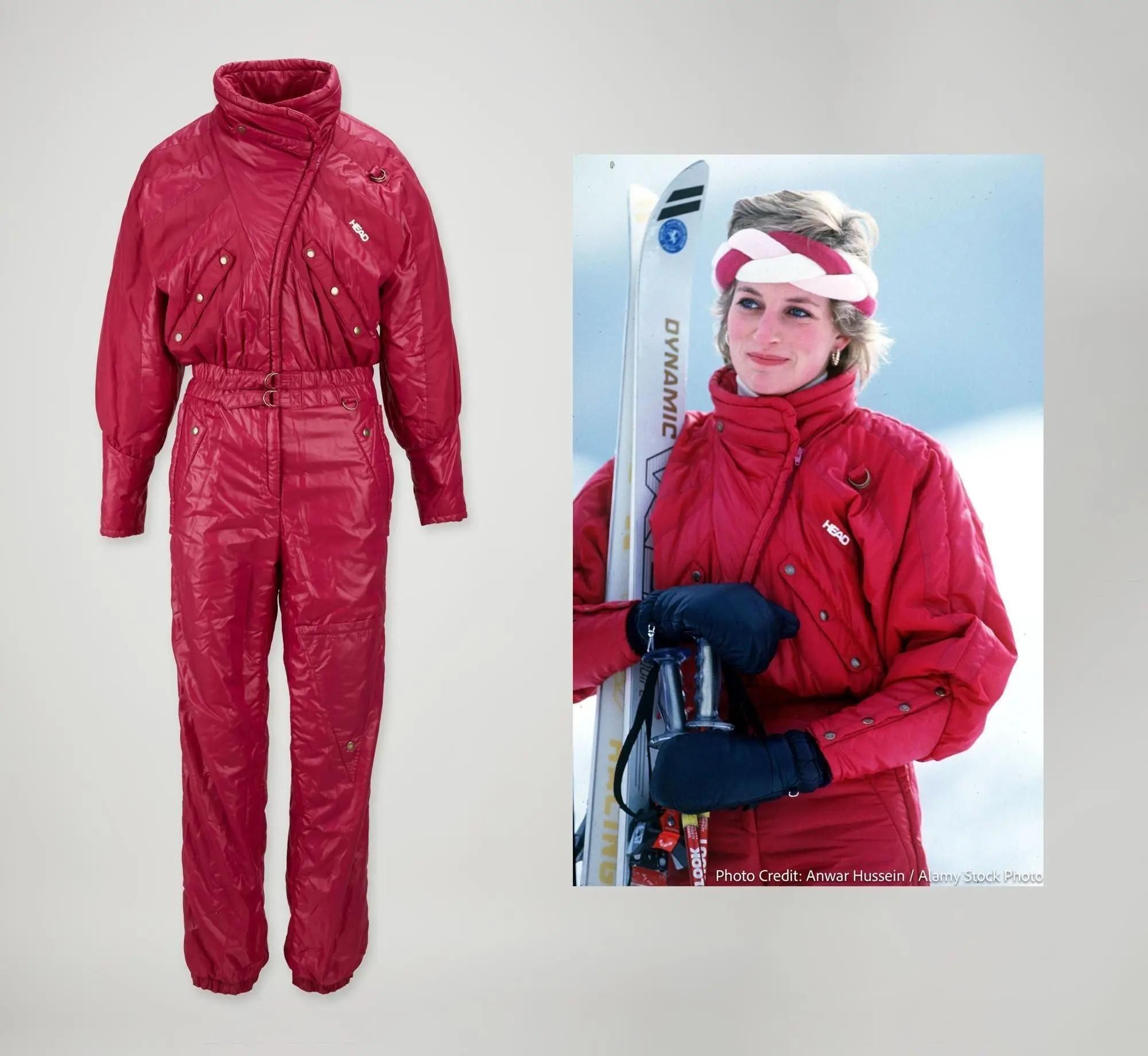 a red ski suit worn by princess diana with image of her wearing it