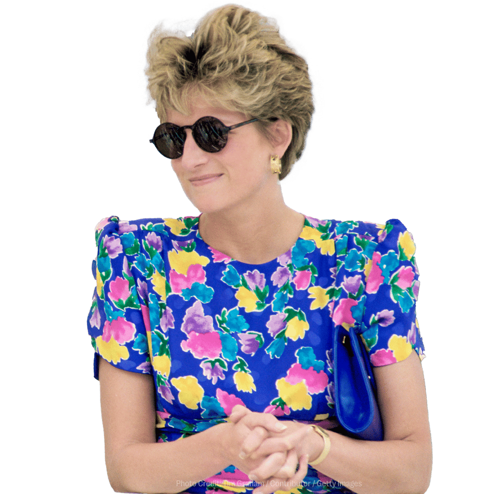a woman wearing sunglasses and a blue floral dress