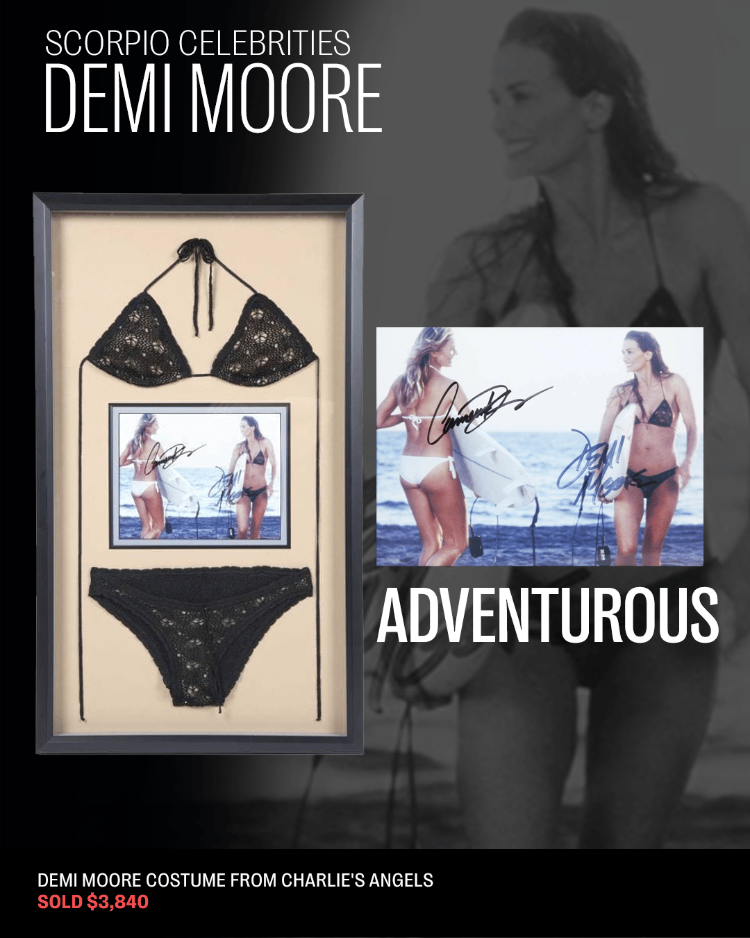 a framed picture of demi moore 's costume from charlie 's angels