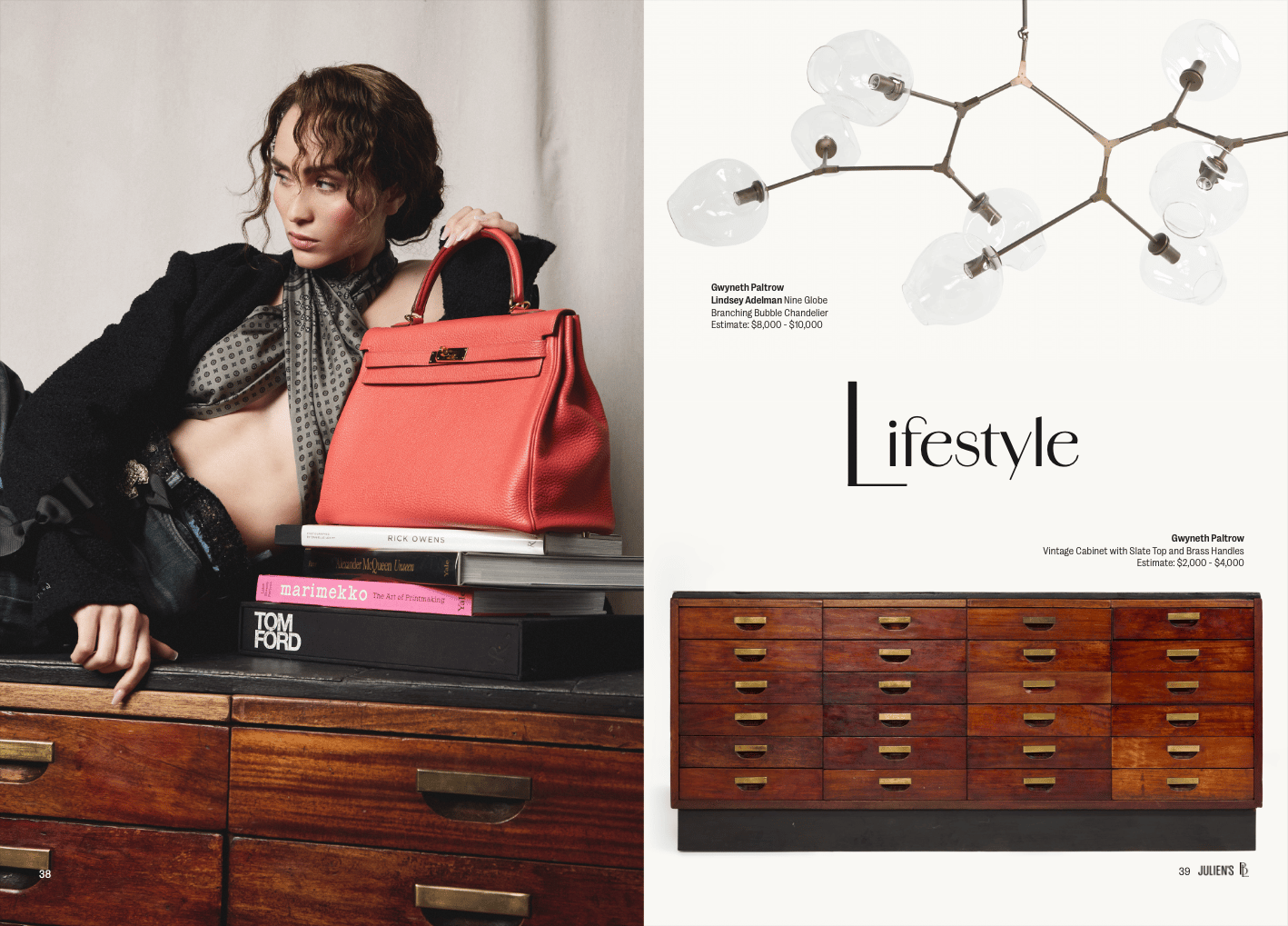 Cory Ann Roberts for Julien's Magazine a model poses on top of a multi drawer dresser with a pink coral colored hermes handbag and designer books