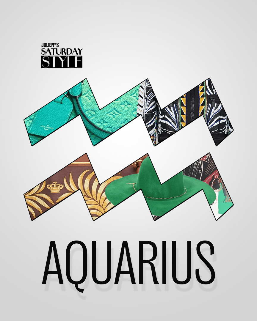 a poster for julien 's saturday style featuring the zodiac sign aquarius