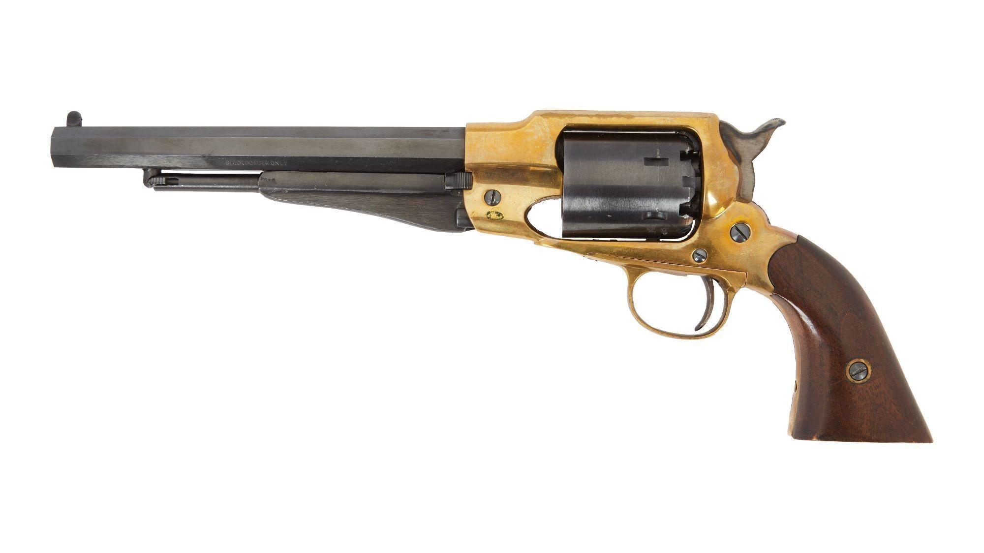 a close up of a revolver on a white background .