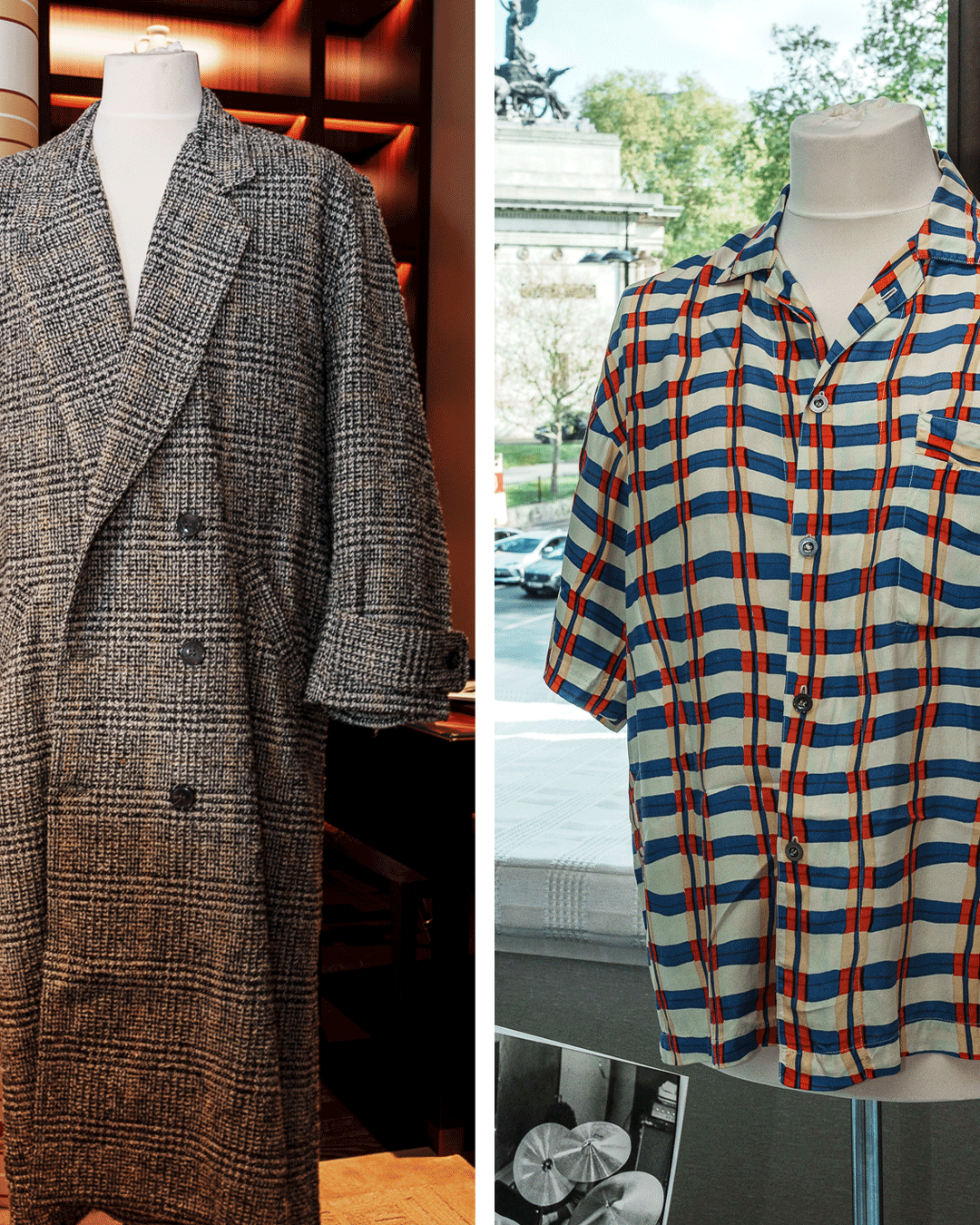a jacket and shirt are on display in london