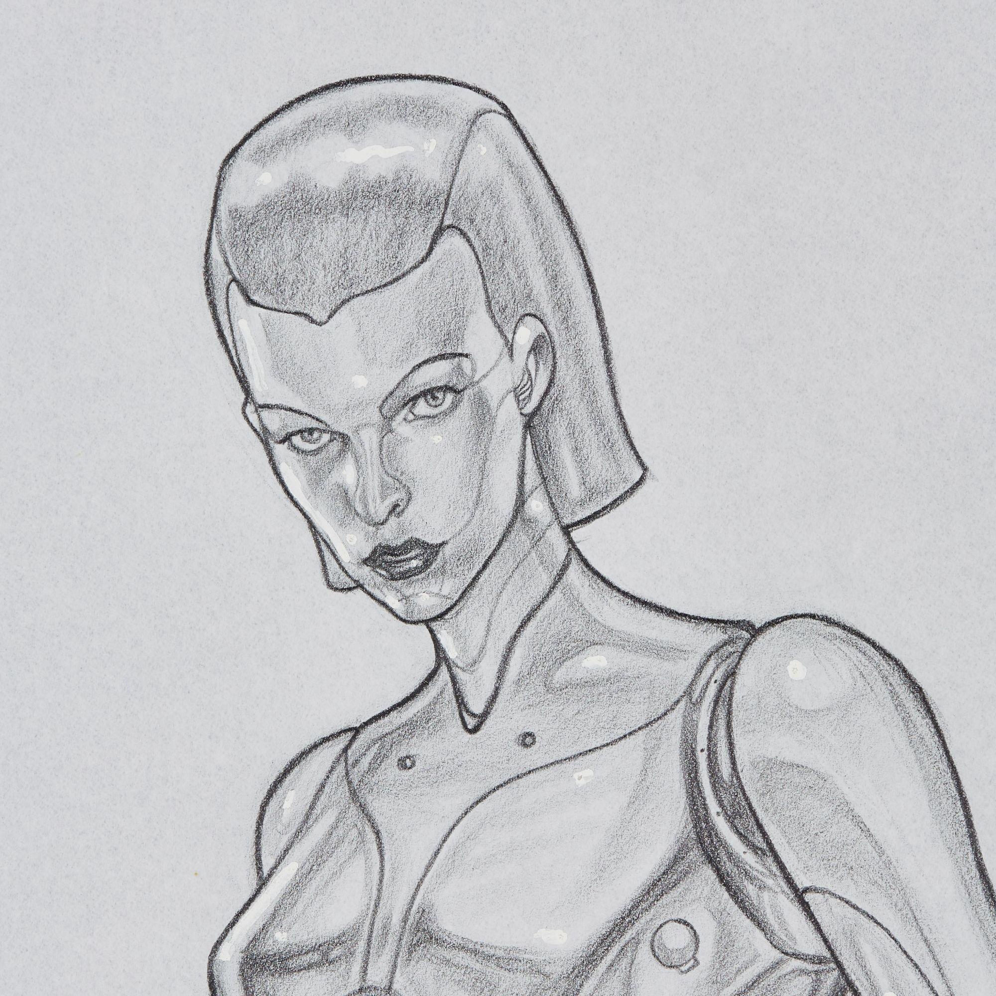 a black and white drawing of a woman with short hair