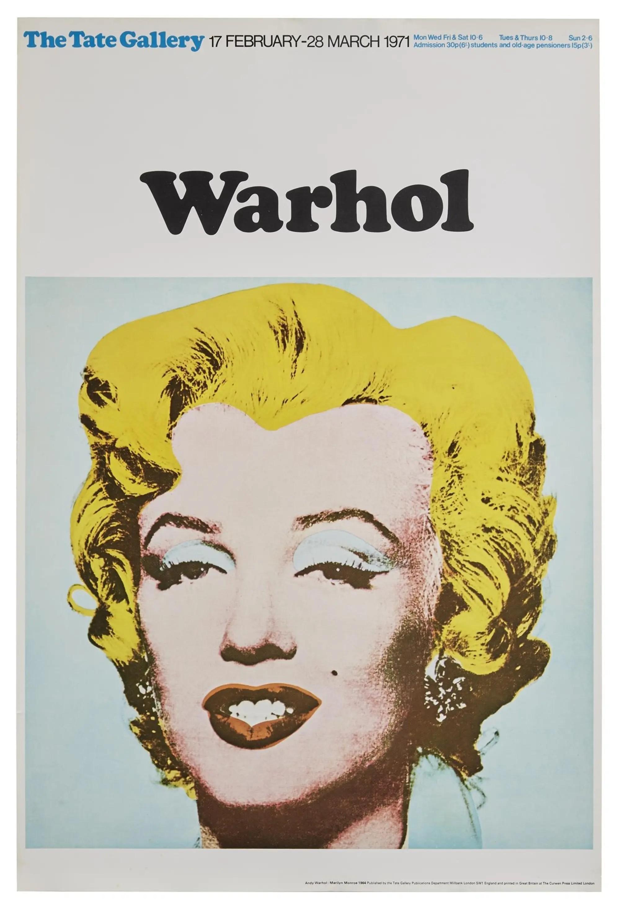 Lot #93. Marilyn Monore | 1971 Poster from the "Warhol" Exhibit at The Tate Gallery A Tate Gallery exhibition poster for "Warhol," featuring a pop art portrait of Marilyn Monroe with bright yellow hair, a pale pink face, and a light blue background.