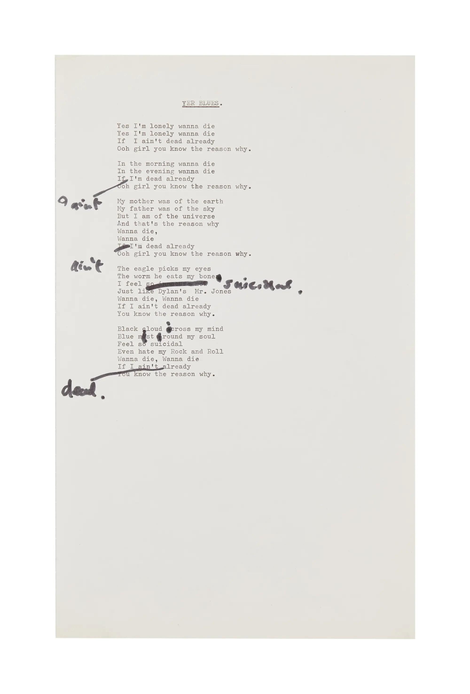 The Beatles Yer Blues John Lennon Annotated Lyrics