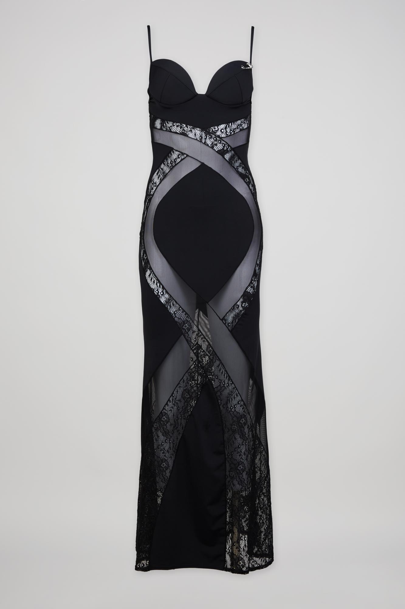 a black lace dress with a crisscross design