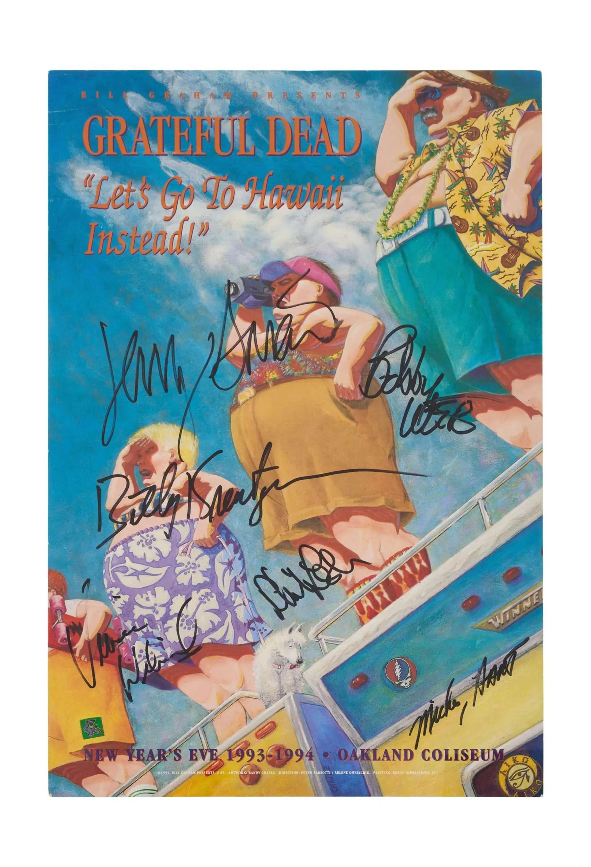 Lot #271  Grateful Dead 1993 Band-Signed Randy Chavez “Let's Go to Hawaii Instead” Joke New Year's Eve Concert Poster
