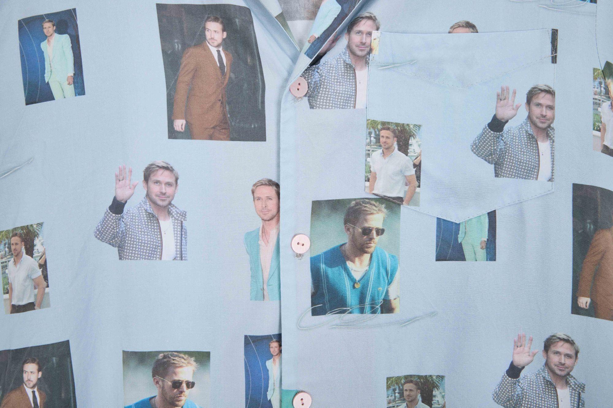 a close up of a shirt with pictures of ryan gosling on it .